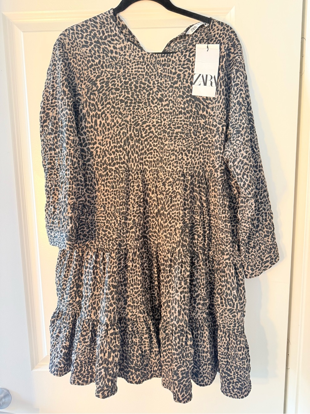 Zara Beige and Black Leopard-Print Tiered Long-Sleeve Dress